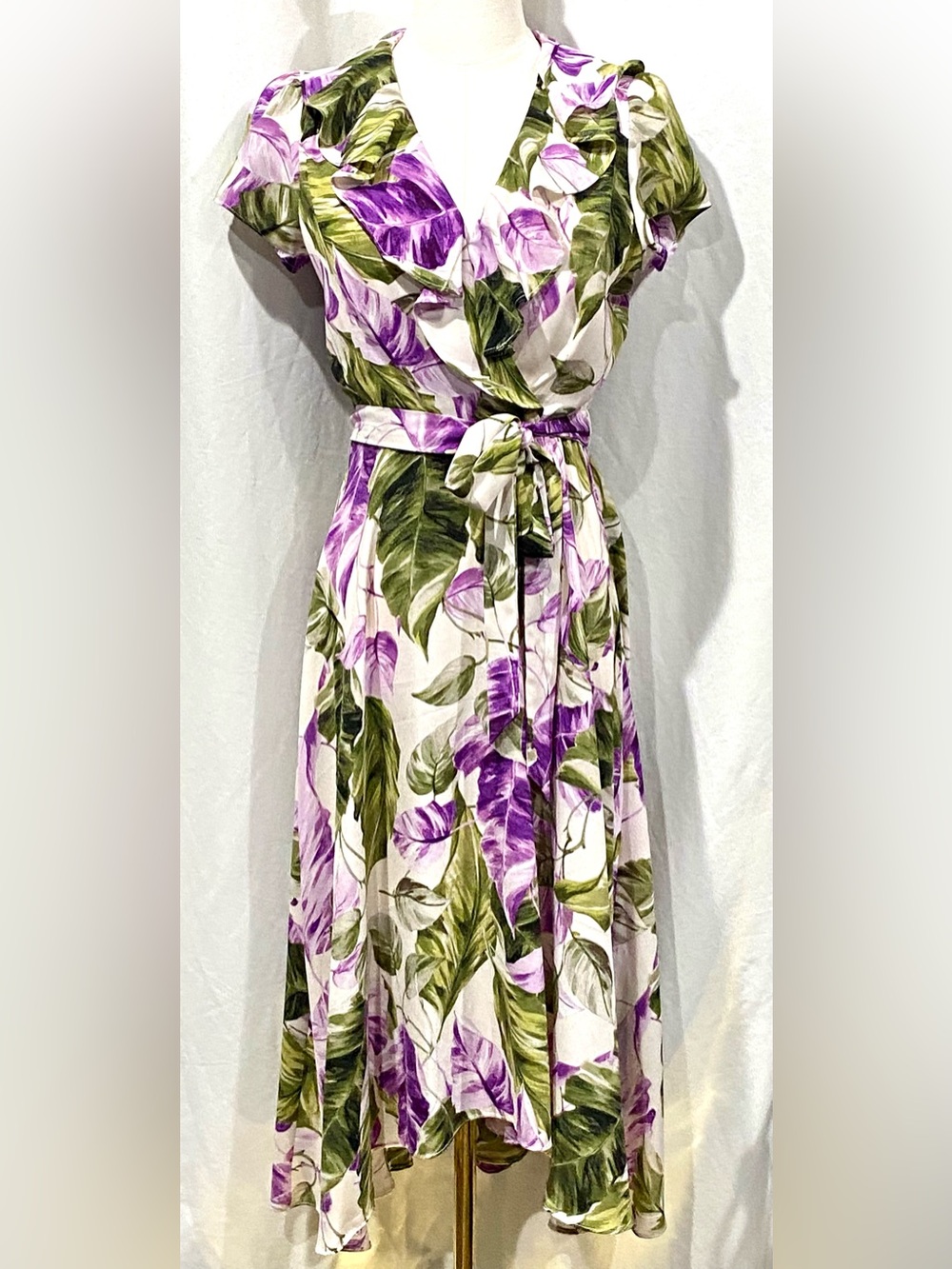 Danny & Nicole Purple and Green Leaf Print Asymmetrical Dress With Tie Waist 4